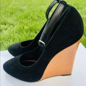 New Celine Black Suede Brown Wedge Pumps Size 8